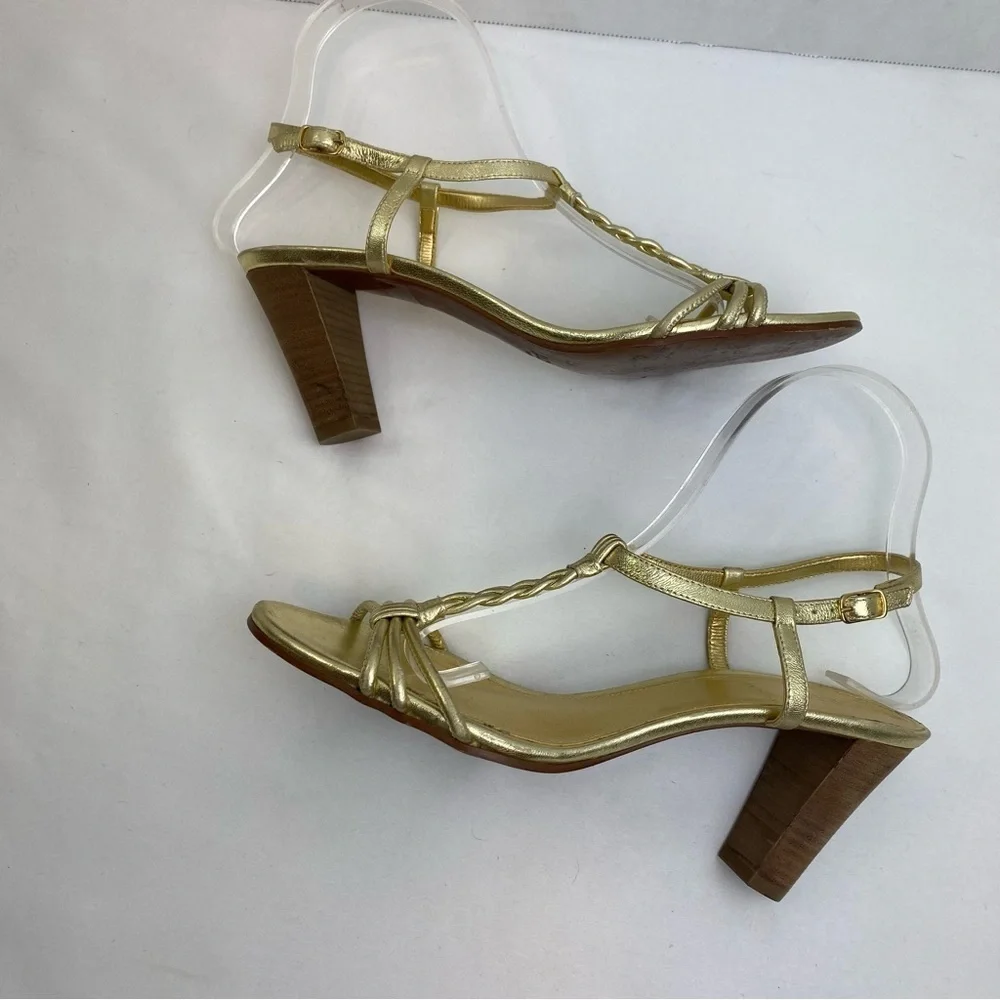 J. Crew “Paige” Metallic Gold Strppy Leather Braided Chunky Heel
